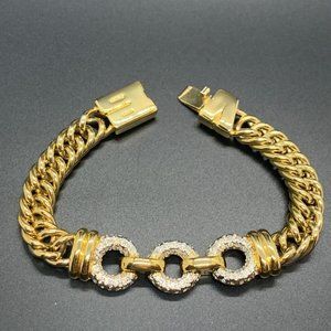 Signed Vogue Bijoux Vintage Gold Tone Rhinestone Chain Link Bracelet 7.25"